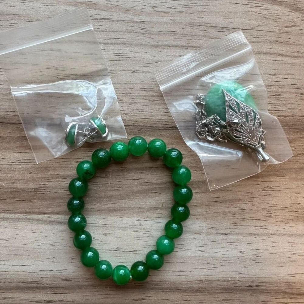 Green Jade Look Jewelry Set Crystal Leaf Pendant Necklace Bracelet Earrings